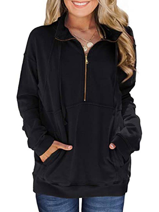 Half Zip Drop Shoulder Pocket Drawstring Sweatshirt - BLACK M
