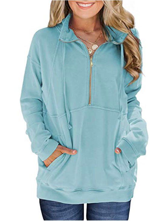 Half Zip Drop Shoulder Pocket Drawstring Sweatshirt - LIGHT BLUE XXL