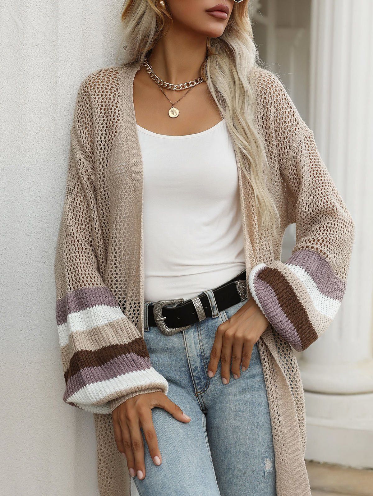 Pointelle Knit Stripes Panel Open Front Cardigan - LIGHT COFFEE L