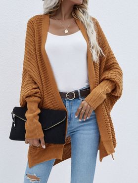 Batwing Sleeve Open Front Slit Cardigan