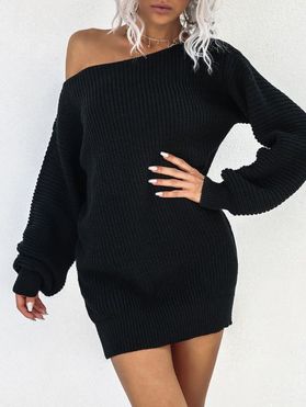 Skew Neck Drop Shoulder Mini Sweater Dress
