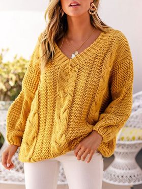 Cable Knit Chunky Drop Shoulder V Neck Sweater