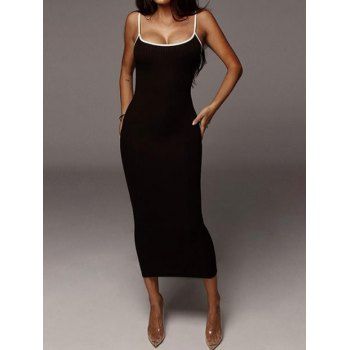 

Ribbed Cami Contrasting Binding Midi Slinky Dress, Black