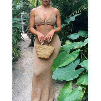 

Spaghetti Straps Knitted Cut Out Bodycon Dress, Coffee