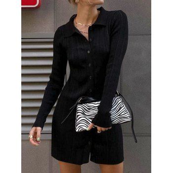

Ribbed Button Up Mini Bodycon Dress, Black