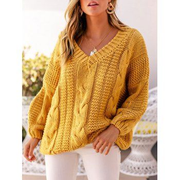 

Cable Knit Chunky Drop Shoulder V Neck Sweater, Yellow