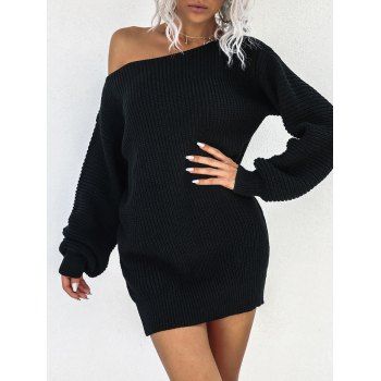 

Skew Neck Drop Shoulder Mini Sweater Dress, Black