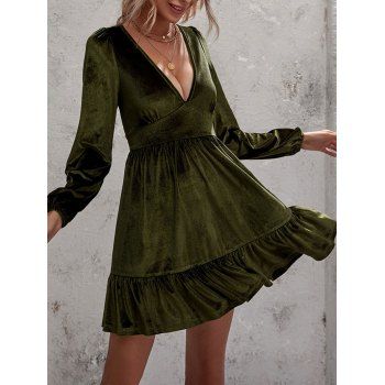 

Velour Plunging Flounce Hem Mini Dress, Deep green