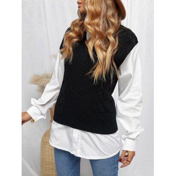 

V Neck Cable Knit Loose Vest Sweater, Black