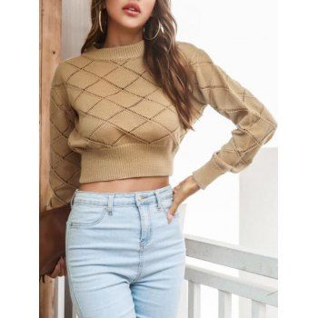 

Openwork Mock Neck Short Sweater, Light coffee