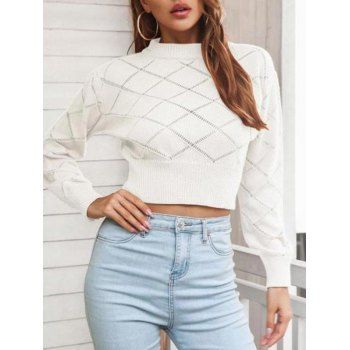 

Openwork Mock Neck Short Sweater, White