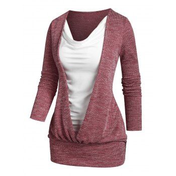 

Cowl Neck Heathered Faux Twinset Sweater, Deep red