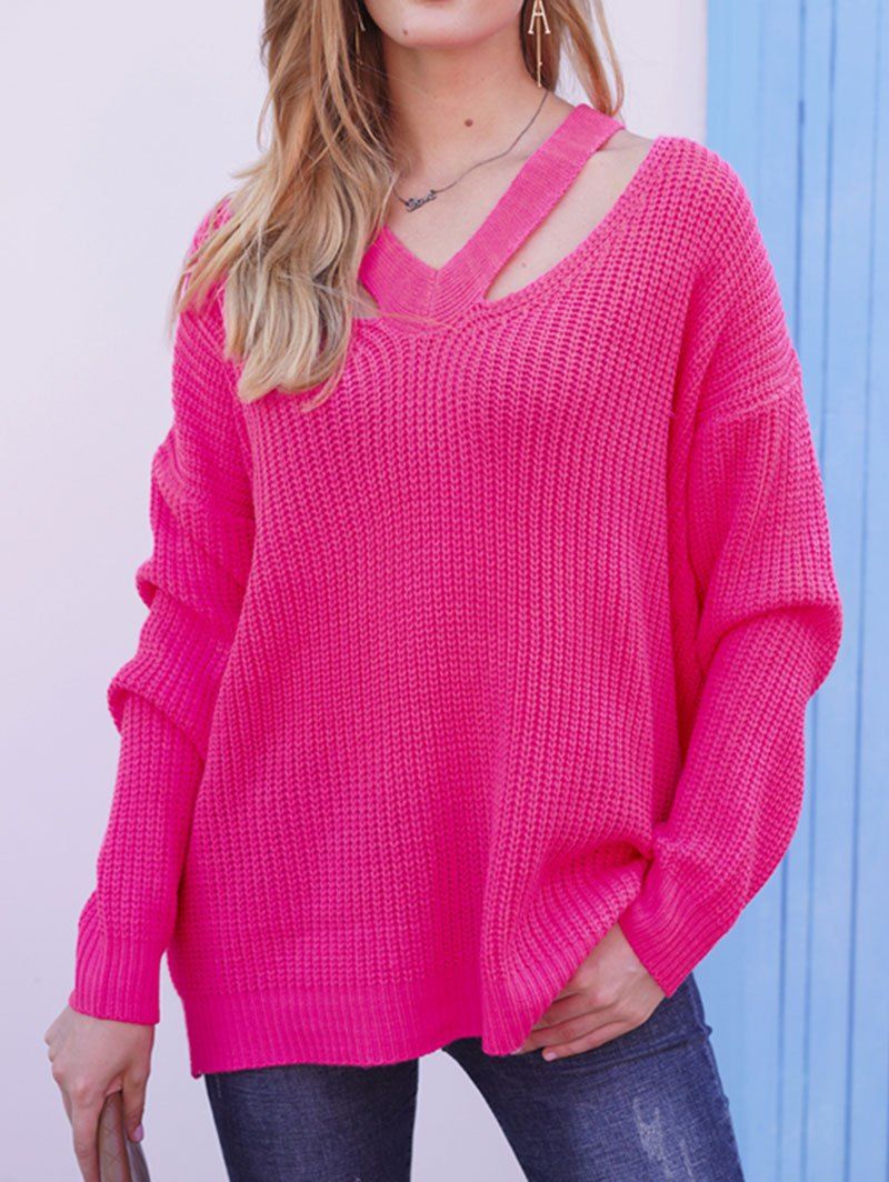 V Neck Cut Out Drop Shoulder Oversized Sweater - RED XL