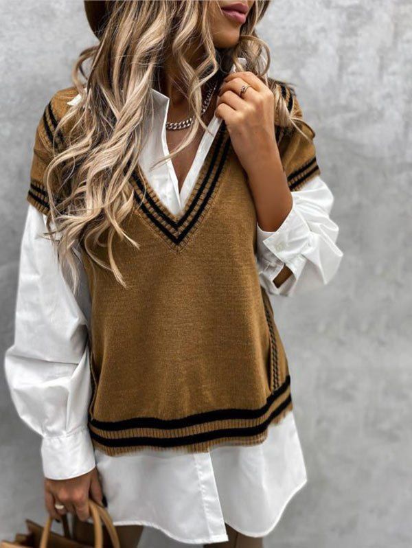 Short Sleeve Plunging Cricket Sweater - COFFEE XL