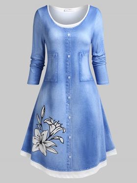 Plus Size Floral Print 3D Denim Dress