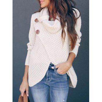 

Openwork Cowl Neck Mock Button Tulip Hem Sweater, White