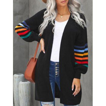 

Drop Shoulder Colorful Striped Longline Cardigan, Black