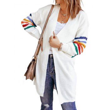 

Drop Shoulder Colorful Striped Longline Cardigan, White
