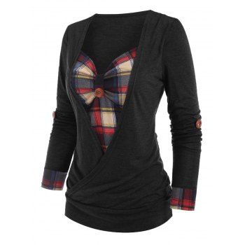 

Heathered Contrast Colorblock Plaid Insert Roll Up Sleeve Corset Style Surplice T Shirt, Black