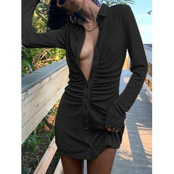 

Button Up Ruched Velvet Dress, Black