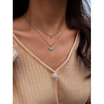 

Butterfly Diamante Charm Double Layered Necklace, Silver