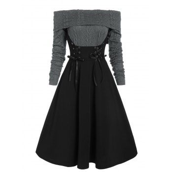 

Lace Up Corset Style Knit Mixed Media Off Shoulder Dress, Gray