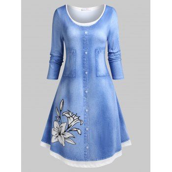 

Plus Size Floral Print 3D Denim Dress, Light blue