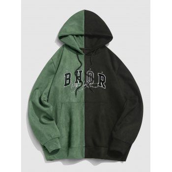 

Letters Embroidered Two Tone Suede Hoodie, Black
