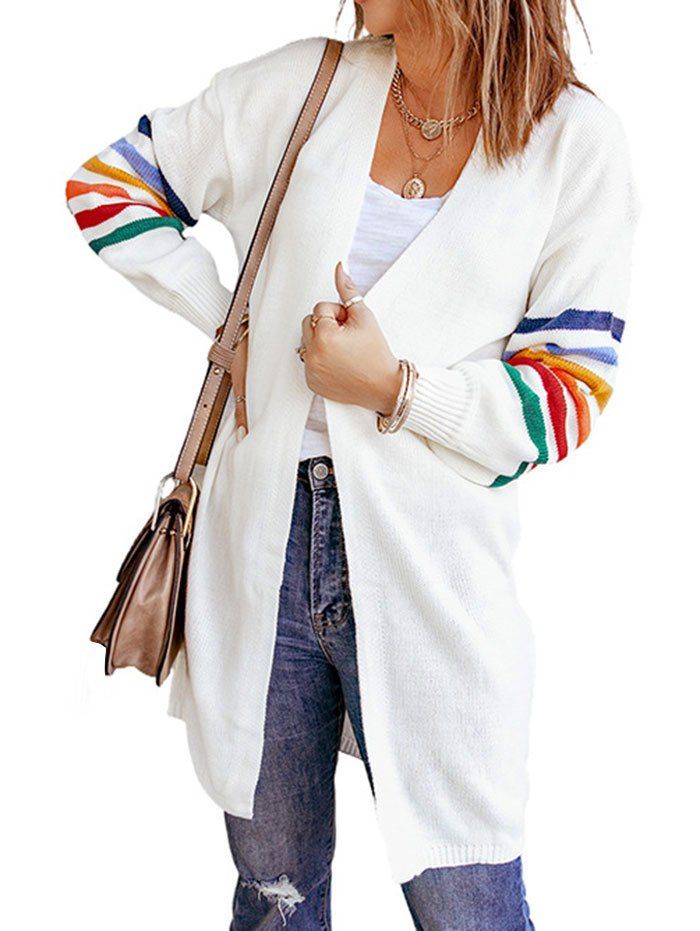 Drop Shoulder Colorful Striped Longline Cardigan - WHITE XL