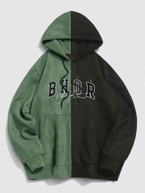 Sweat à Capuche Bicolore Lettre Brodée en Daim - Noir XXL