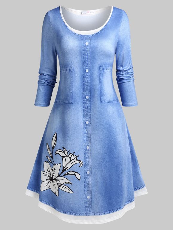Robe Denim à Imprimé Florale 3D Grande Taille - Bleu clair 4X