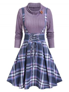 Plaid Print Lace-up 2 In 1 Sweater Dress