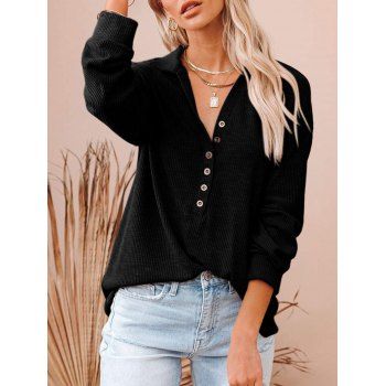 

Ribbed Half Button Drop Shoulder T Shirt, Black