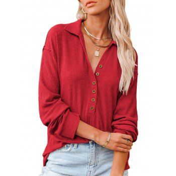 Ribbed Half Button Drop Shoulder T Shirt, Red