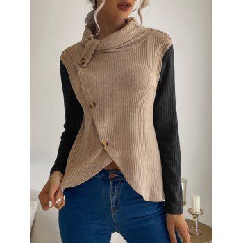 

Cowl Neck Colorblock Mock Button Tulip Hem Sweater, Light coffee