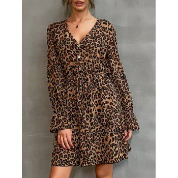 Leopard Poet Sleeve Mock Button Dress, Coffee