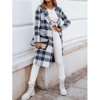 

Zig Zag Plaid Flap Detail Double Breasted Longline Coat, Blue