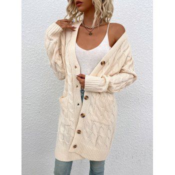 

Pockets Button Up Cable Knit Cardigan, Warm white
