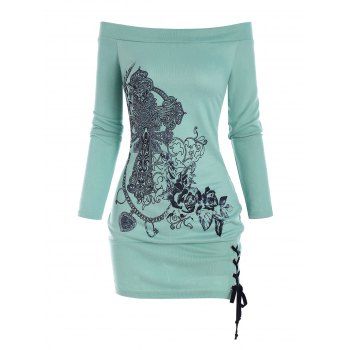 

Off Shoulder Flower Lace Up Skinny Knitwear, Light blue