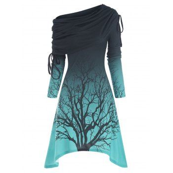 

Tree Print Cinched Foldover Asymmetric Knitwear, Blue