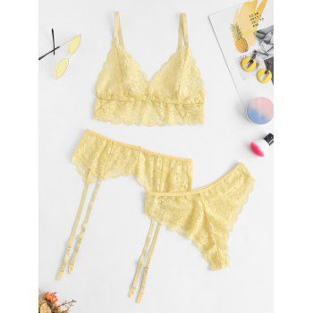 

Floral Lace Scalloped-trim Gartered Bra Set, Yellow