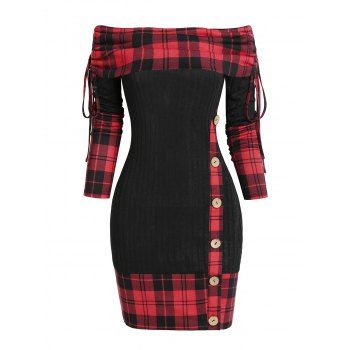 

Off The Shoulder Plaid Print Ribbed Sheath Dress, Black