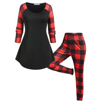 

Plus Size Raglan Sleeve Plaid T-shirt and Pants Pajamas Set, Multicolor
