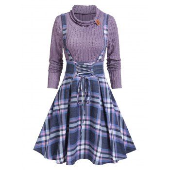

Plaid Print Lace-up 2 In 1 Sweater Dress, Light purple