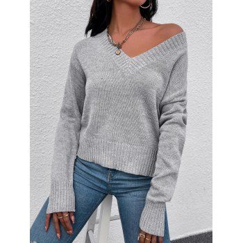 

Solid V Neck Drop Shoulder Sweater, Dark gray