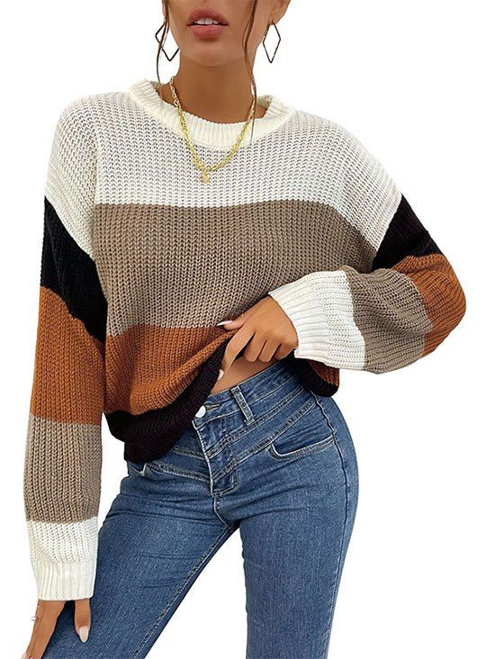 Drop Shoulder Colorblock Pullover Sweater - multicolor M