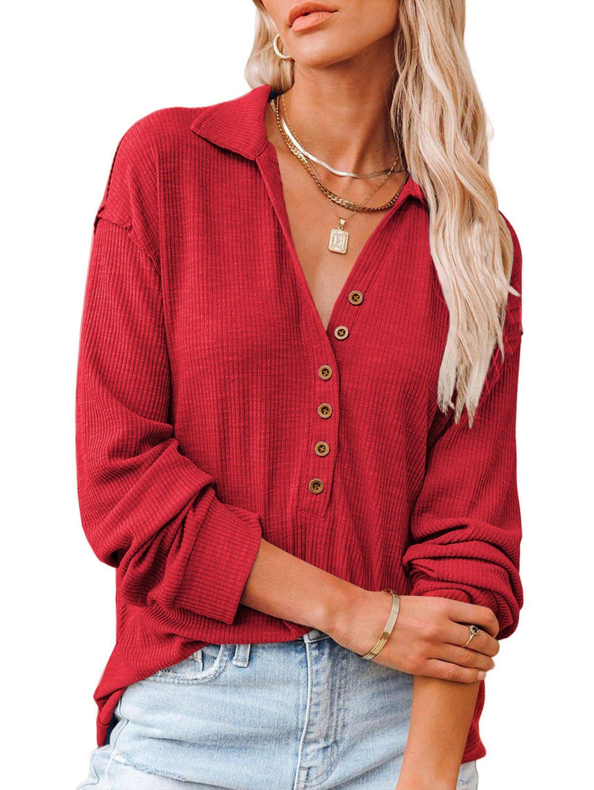 Ribbed Half Button Drop Shoulder T Shirt - RED S
