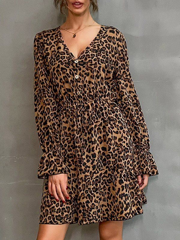 Leopard Poet Sleeve Mock Button Dress - COFFEE L