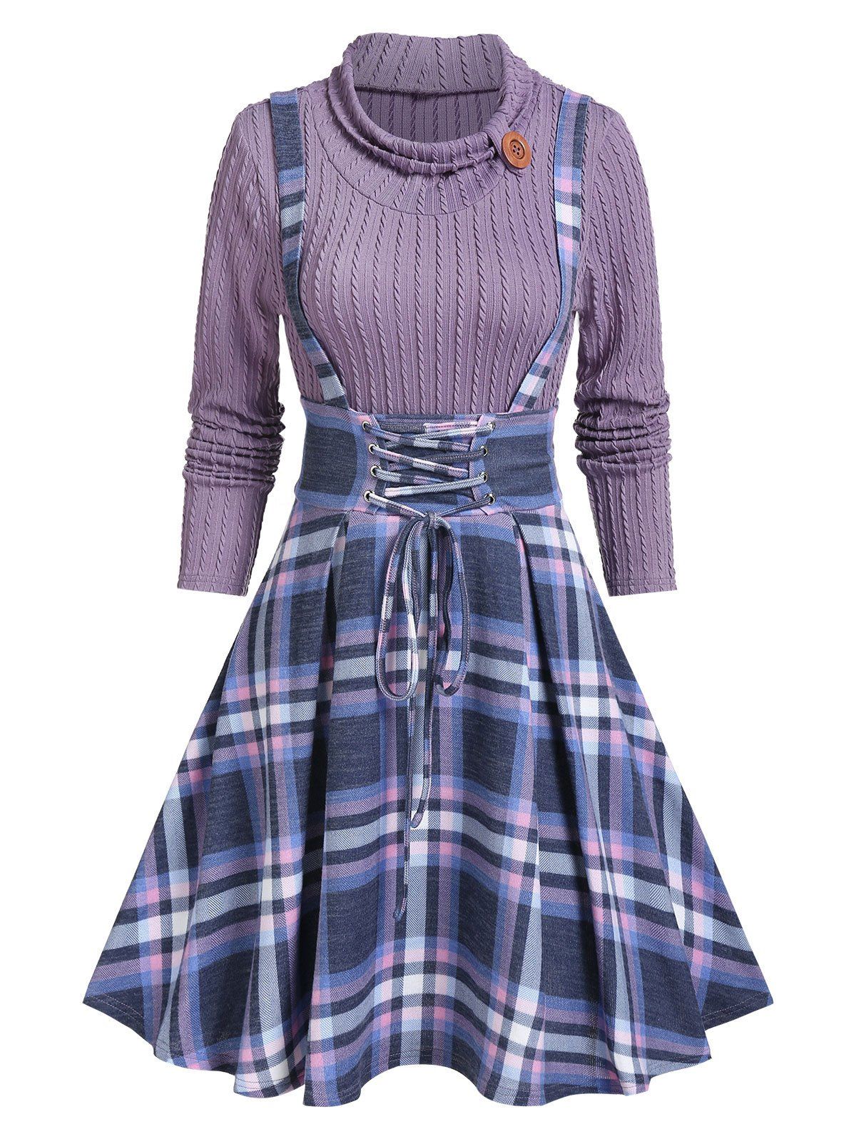 Robe Pull à Carreaux Imprimé 2 en 1 à Lacets - Violet clair XXXL
