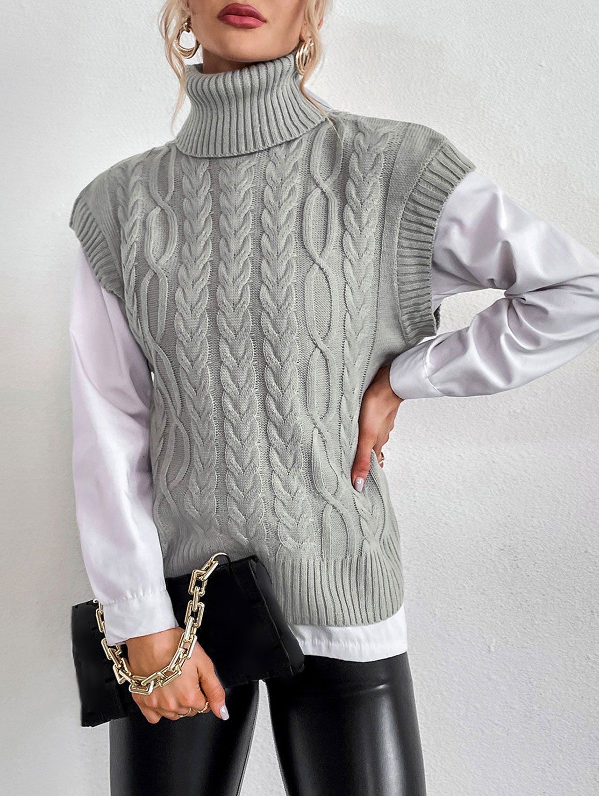 Cable Knit Turtleneck Vest Sweater - LIGHT GRAY L